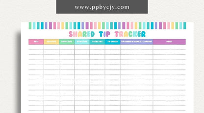 Shared Tip Tracker Printable Template – Digital download for recording and managing shared tips or contributions among a group or team