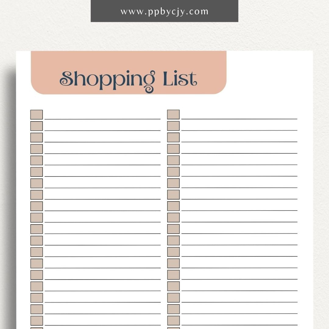 Blank Shopping List Printable Template – Digital Download for Organizing Purchases with sections for item names, quantities, and categories.
