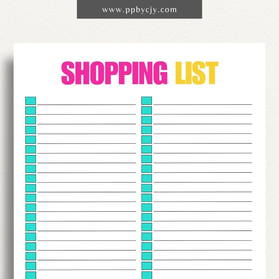 Blank Shopping List Printable Template – Digital Download for Organizing Purchases with sections for item names, quantities, and categories.