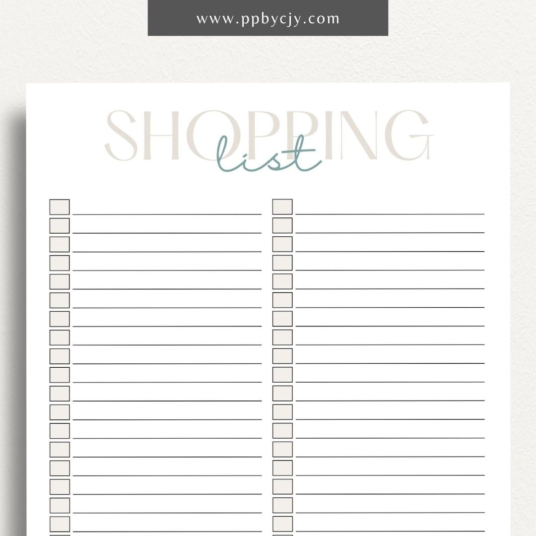 Blank Shopping List Printable Template – Digital Download for Organizing Purchases with sections for item names, quantities, and categories.