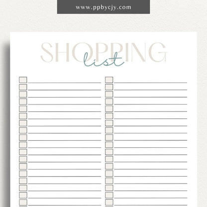 Blank Shopping List Printable Template – Digital Download for Organizing Purchases with sections for item names, quantities, and categories.