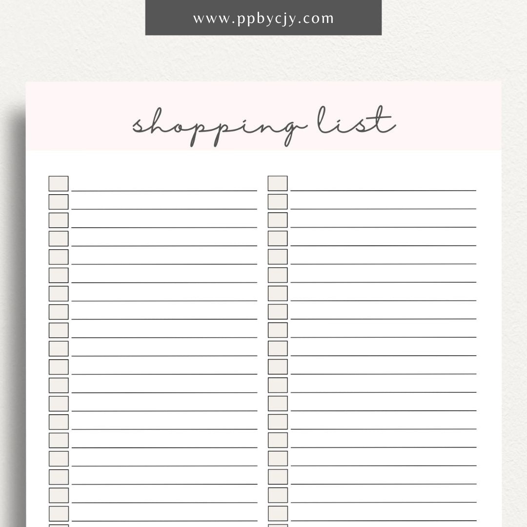 Blank Shopping List Printable Template – Digital Download for Organizing Purchases with sections for item names, quantities, and categories.