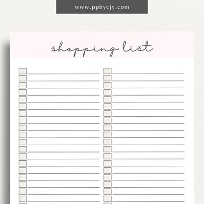 Blank Shopping List Printable Template – Digital Download for Organizing Purchases with sections for item names, quantities, and categories.