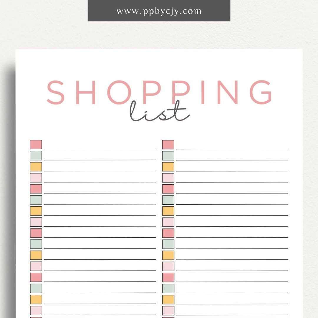 Blank Shopping List Printable Template – Digital Download for Organizing Purchases with sections for item names, quantities, and categories.