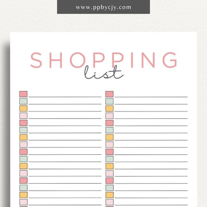 Blank Shopping List Printable Template – Digital Download for Organizing Purchases with sections for item names, quantities, and categories.