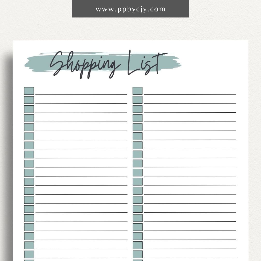 Blank Shopping List Printable Template – Digital Download for Organizing Purchases with sections for item names, quantities, and categories.