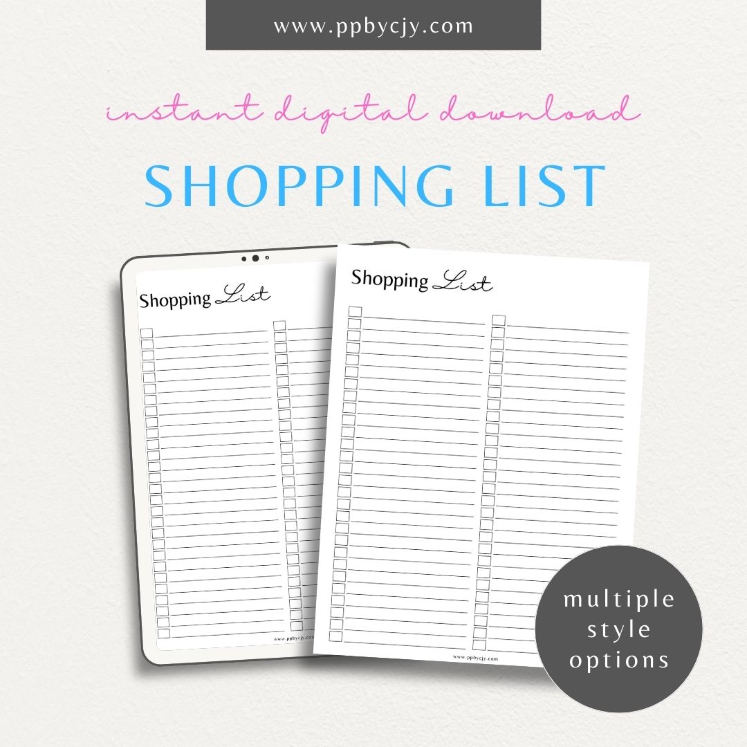 Blank Shopping List Printable Template – Digital Download for Organizing Purchases with sections for item names, quantities, and categories.