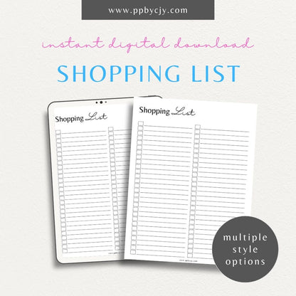 Blank Shopping List Printable Template – Digital Download for Organizing Purchases with sections for item names, quantities, and categories.
