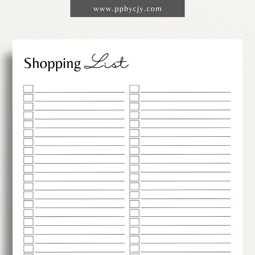 Blank Shopping List Printable Template – Digital Download for Organizing Purchases with sections for item names, quantities, and categories.