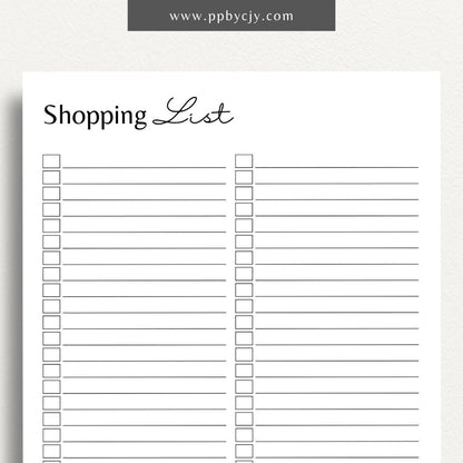 Blank Shopping List Printable Template – Digital Download for Organizing Purchases with sections for item names, quantities, and categories.