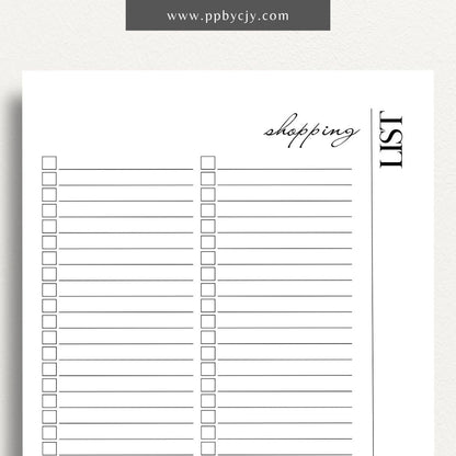 Blank Shopping List Printable Template – Digital Download for Organizing Purchases with sections for item names, quantities, and categories.