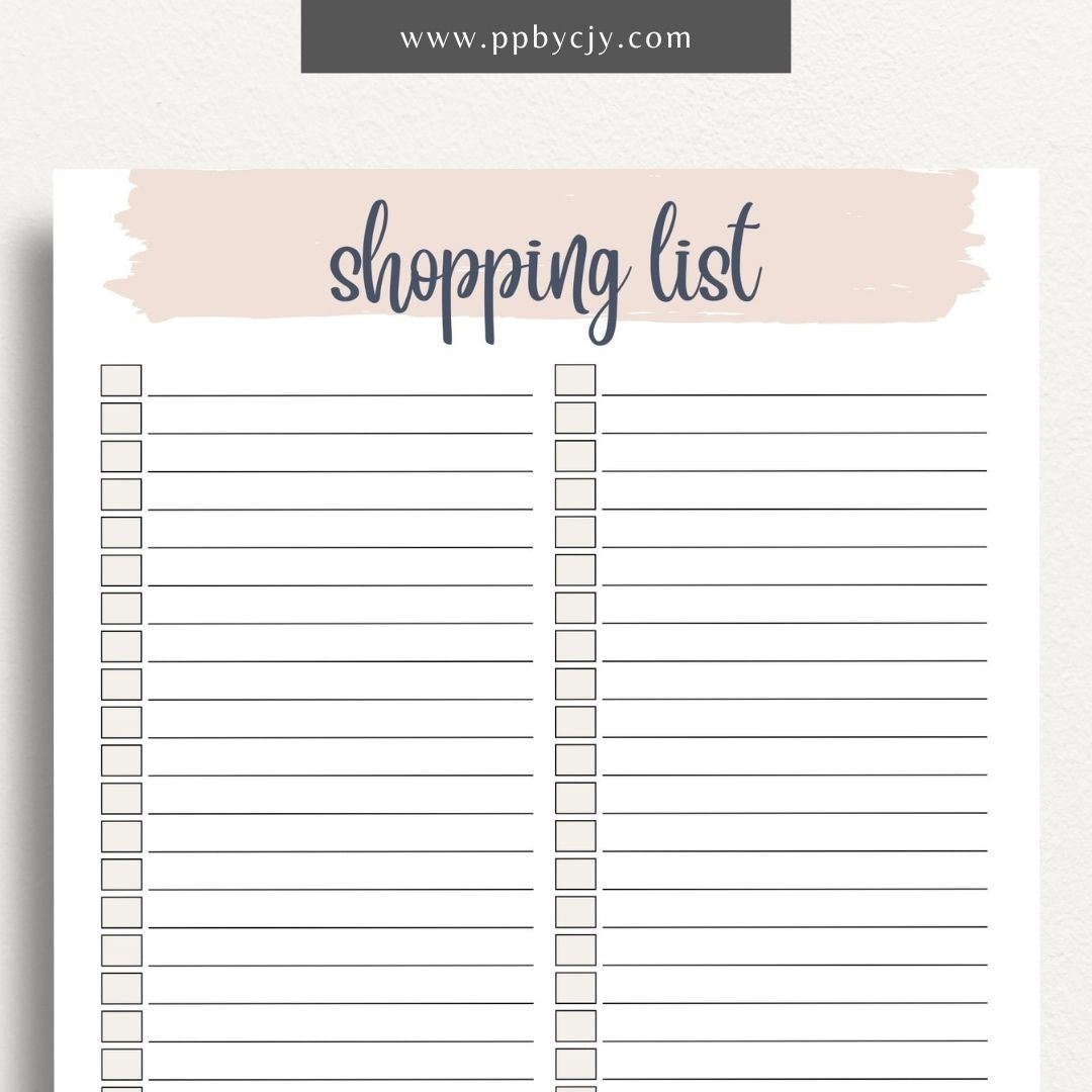 Blank Shopping List Printable Template – Digital Download for Organizing Purchases with sections for item names, quantities, and categories.