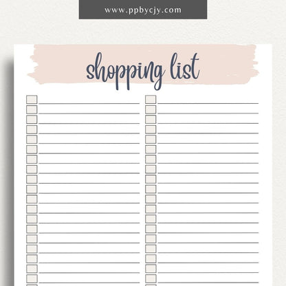 Blank Shopping List Printable Template – Digital Download for Organizing Purchases with sections for item names, quantities, and categories.
