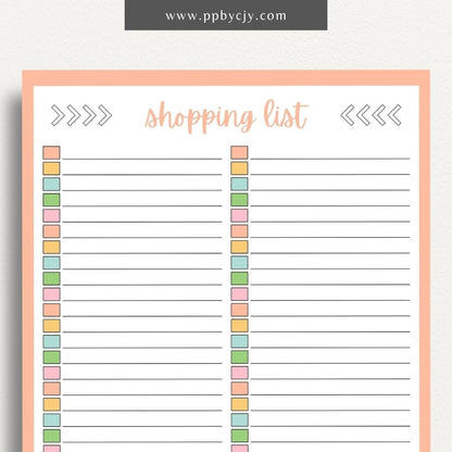 Blank Shopping List Printable Template – Digital Download for Organizing Purchases with sections for item names, quantities, and categories.