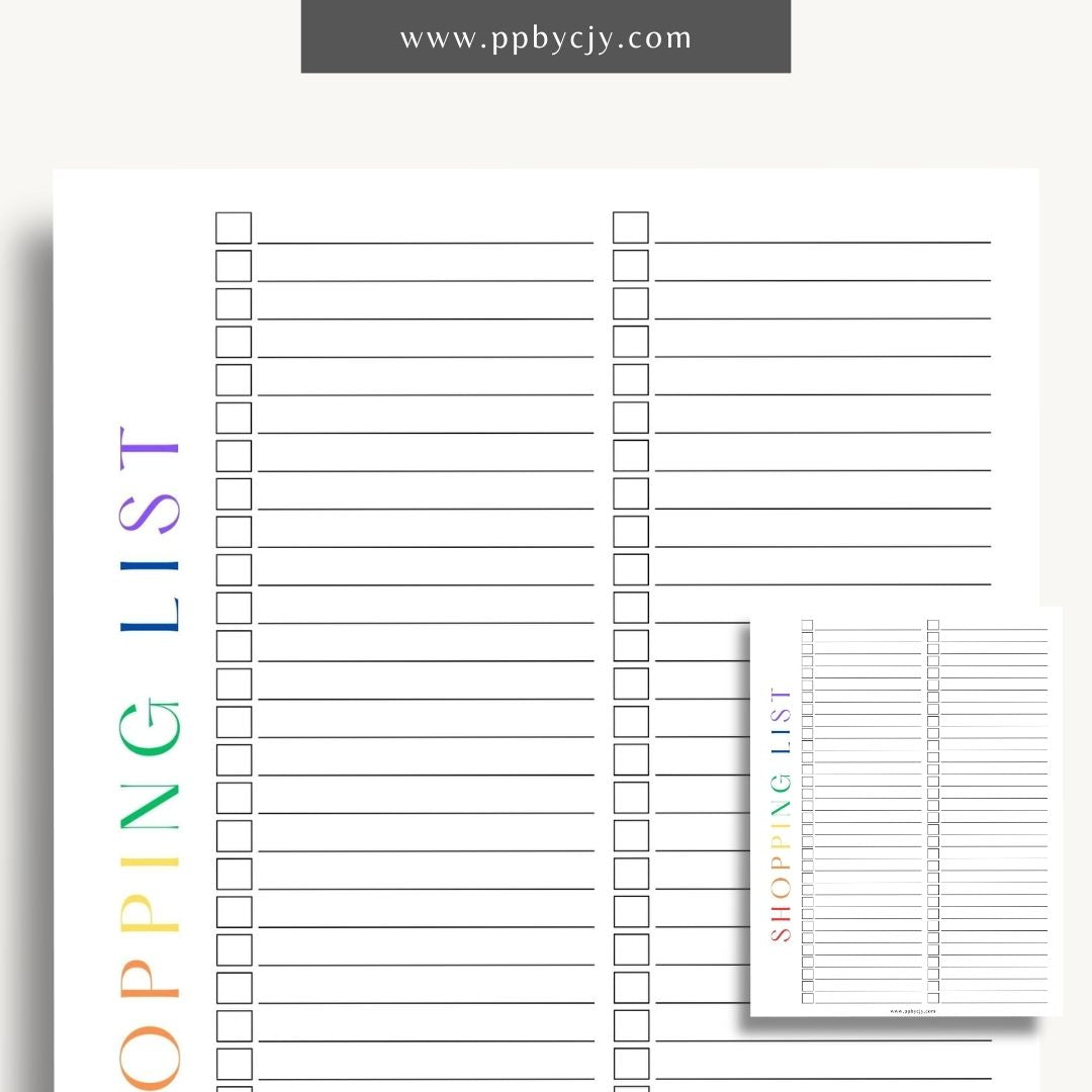 Blank Shopping List Printable Template – Digital Download for Organizing Purchases with sections for item names, quantities, and categories.