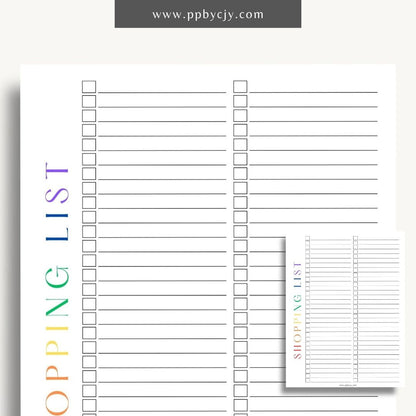 Blank Shopping List Printable Template – Digital Download for Organizing Purchases with sections for item names, quantities, and categories.
