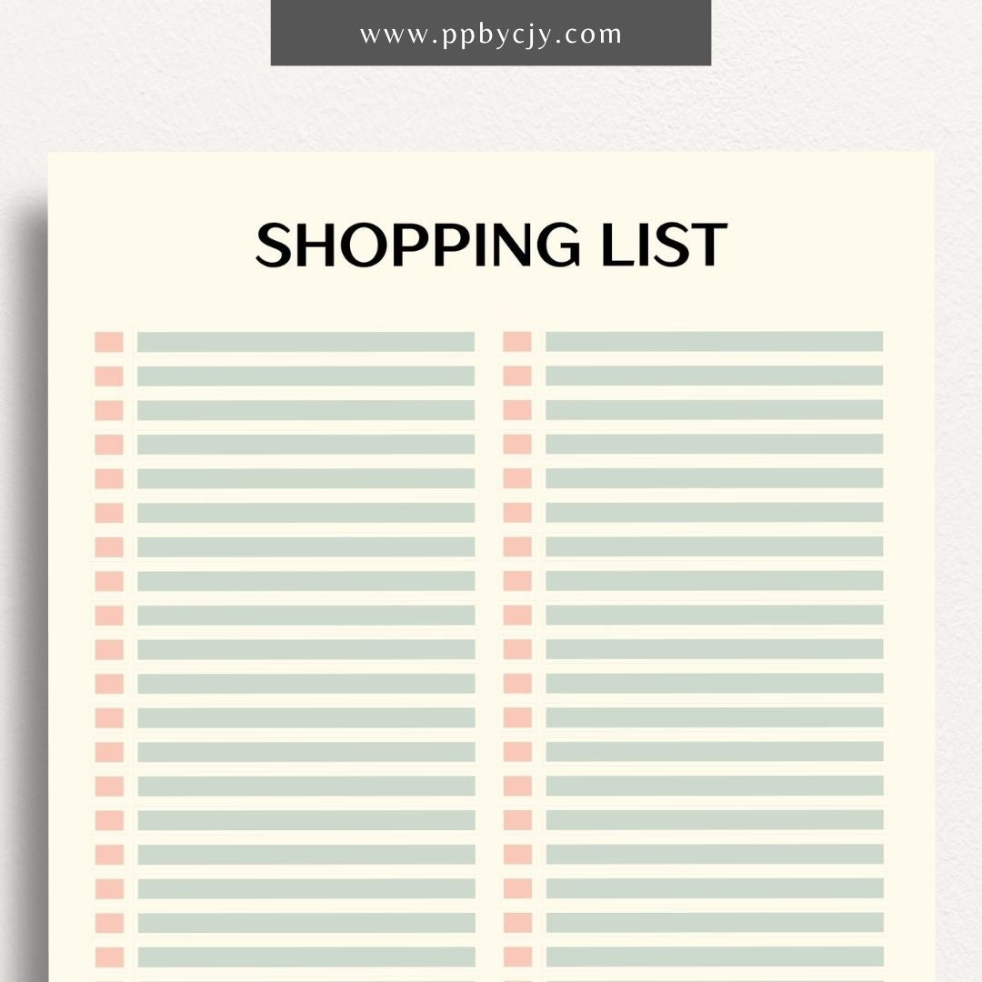 Blank Shopping List Printable Template – Digital Download for Organizing Purchases with sections for item names, quantities, and categories.