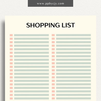 Blank Shopping List Printable Template – Digital Download for Organizing Purchases with sections for item names, quantities, and categories.