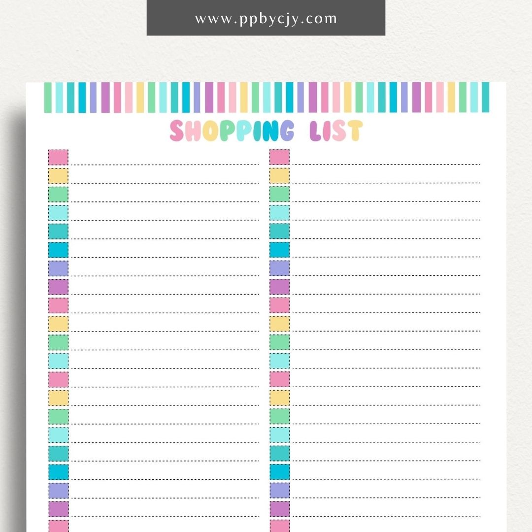 Blank Shopping List Printable Template – Digital Download for Organizing Purchases with sections for item names, quantities, and categories.