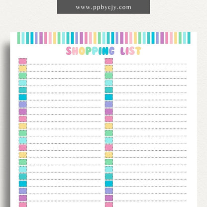Blank Shopping List Printable Template – Digital Download for Organizing Purchases with sections for item names, quantities, and categories.