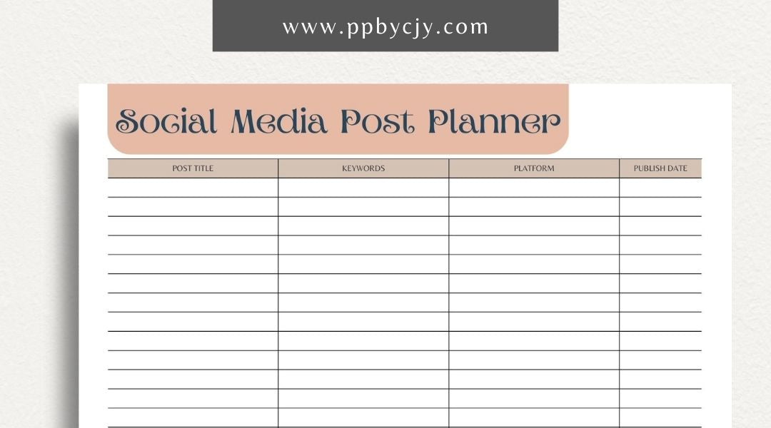 Social Media Post Printable Template – Digital download for planning and organizing social media posts, including content ideas, schedules, and engagement tracking