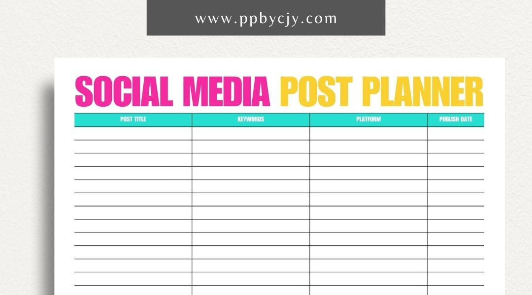 Social Media Post Printable Template – Digital download for planning and organizing social media posts, including content ideas, schedules, and engagement tracking
