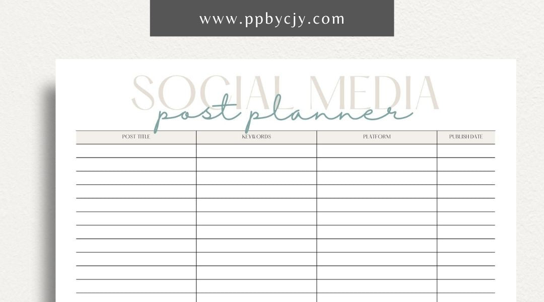 Social Media Post Printable Template – Digital download for planning and organizing social media posts, including content ideas, schedules, and engagement tracking