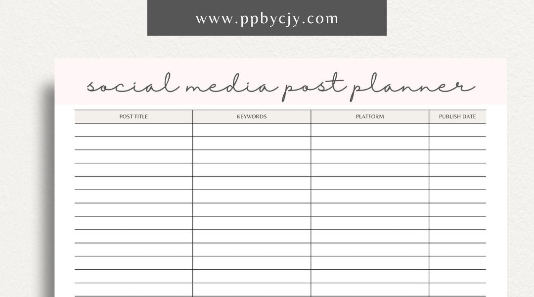 Social Media Post Printable Template – Digital download for planning and organizing social media posts, including content ideas, schedules, and engagement tracking