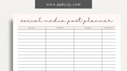Social Media Post Printable Template – Digital download for planning and organizing social media posts, including content ideas, schedules, and engagement tracking