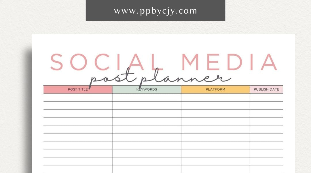 Social Media Post Printable Template – Digital download for planning and organizing social media posts, including content ideas, schedules, and engagement tracking