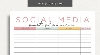 Social Media Post Printable Template – Digital download for planning and organizing social media posts, including content ideas, schedules, and engagement tracking
