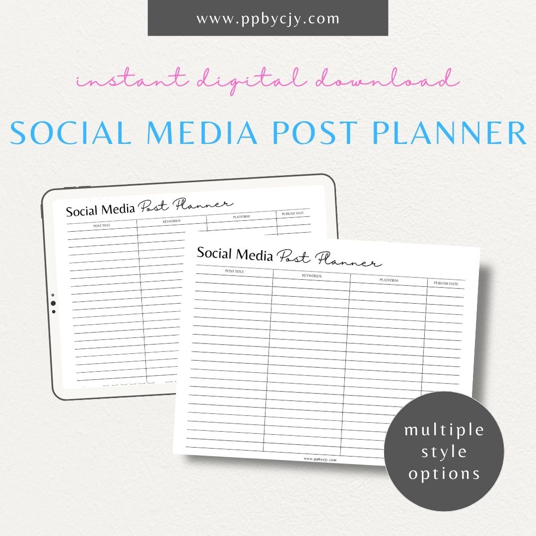 Social Media Post Printable Template – Digital download for planning and organizing social media posts, including content ideas, schedules, and engagement tracking