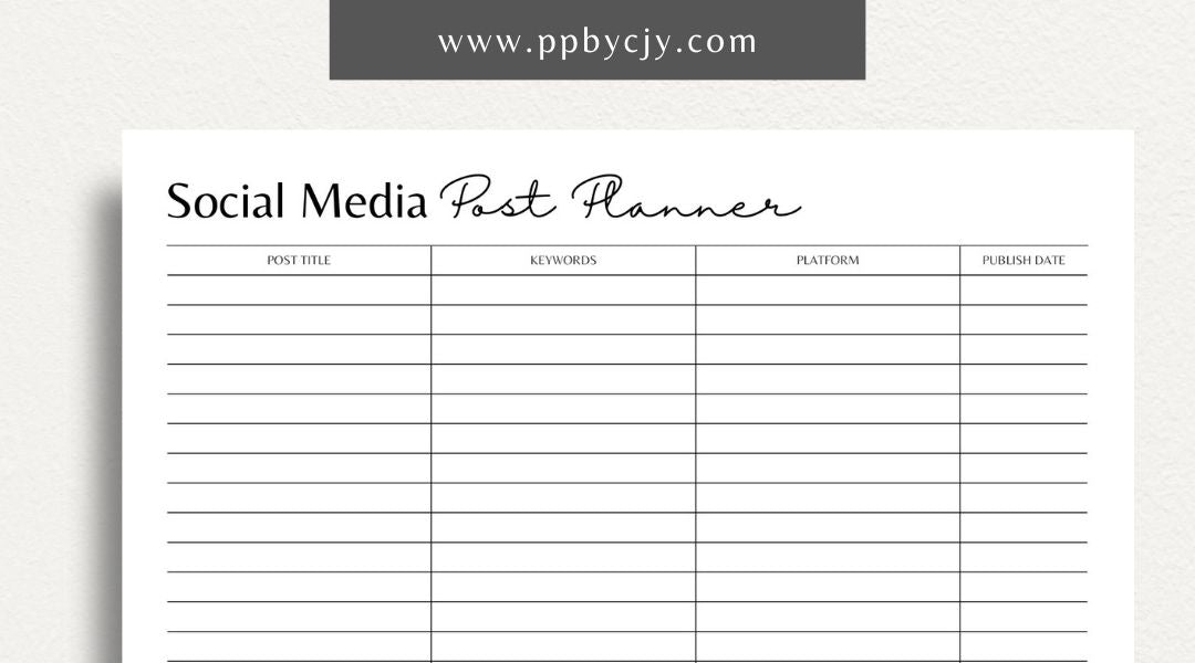 Social Media Post Printable Template – Digital download for planning and organizing social media posts, including content ideas, schedules, and engagement tracking