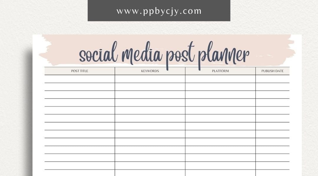 Social Media Post Printable Template – Digital download for planning and organizing social media posts, including content ideas, schedules, and engagement tracking
