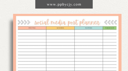 Social Media Post Printable Template – Digital download for planning and organizing social media posts, including content ideas, schedules, and engagement tracking