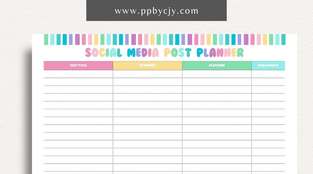 Social Media Post Printable Template – Digital download for planning and organizing social media posts, including content ideas, schedules, and engagement tracking