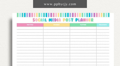 Social Media Post Printable Template – Digital download for planning and organizing social media posts, including content ideas, schedules, and engagement tracking