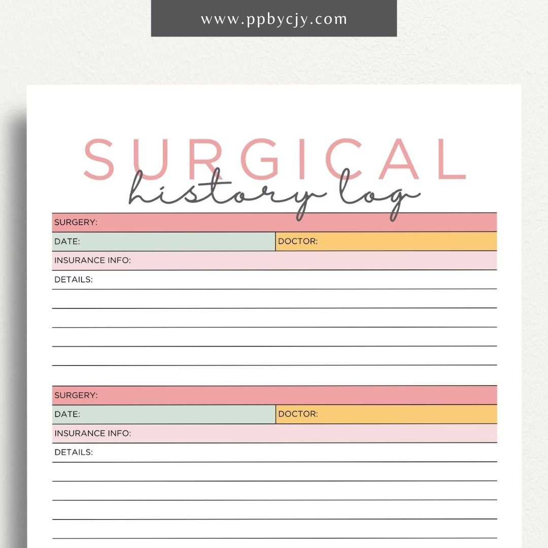 printable template page with columns and rows related to surgical history