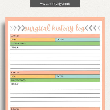 printable template page with columns and rows related to surgical history