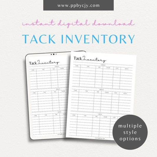 Equine Horse Tack Inventory Printable Template – Digital Download for Organizing Tack with sections for item details, quantities, conditions, and storage locations.