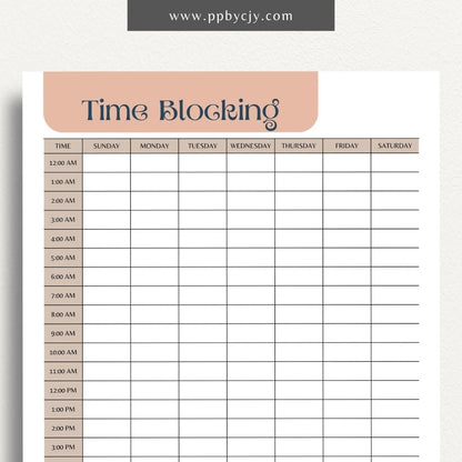 24 Hour Time Blocking Printable Template – Digital Download for Daily Time Management and Scheduling