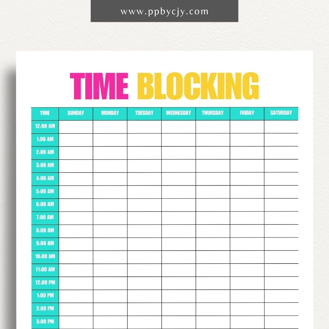 24 Hour Time Blocking Printable Template – Digital Download for Daily Time Management and Scheduling