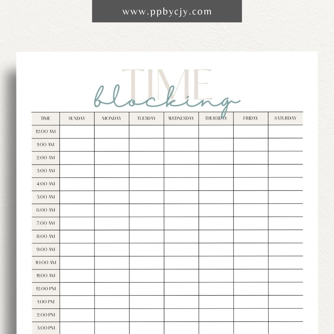 24 Hour Time Blocking Printable Template – Digital Download for Daily Time Management and Scheduling