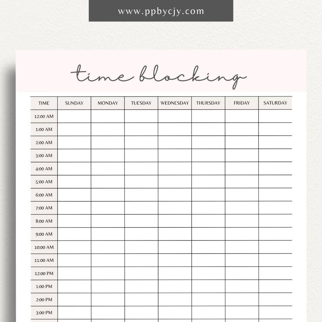 24 Hour Time Blocking Printable Template – Digital Download for Daily Time Management and Scheduling