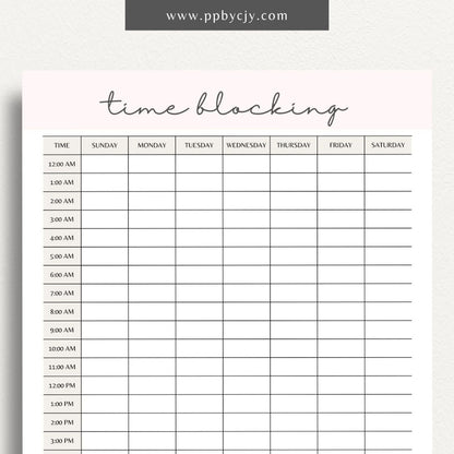 24 Hour Time Blocking Printable Template – Digital Download for Daily Time Management and Scheduling