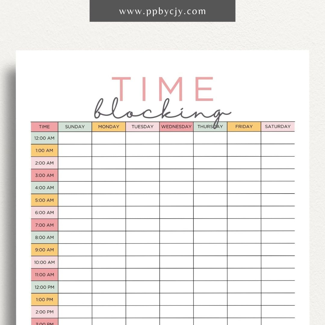 24 Hour Time Blocking Printable Template – Digital Download for Daily Time Management and Scheduling