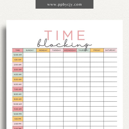 24 Hour Time Blocking Printable Template – Digital Download for Daily Time Management and Scheduling