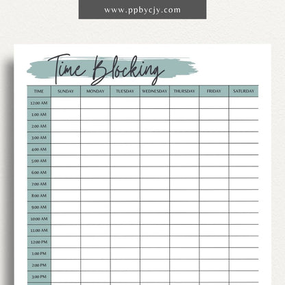 24 Hour Time Blocking Printable Template – Digital Download for Daily Time Management and Scheduling