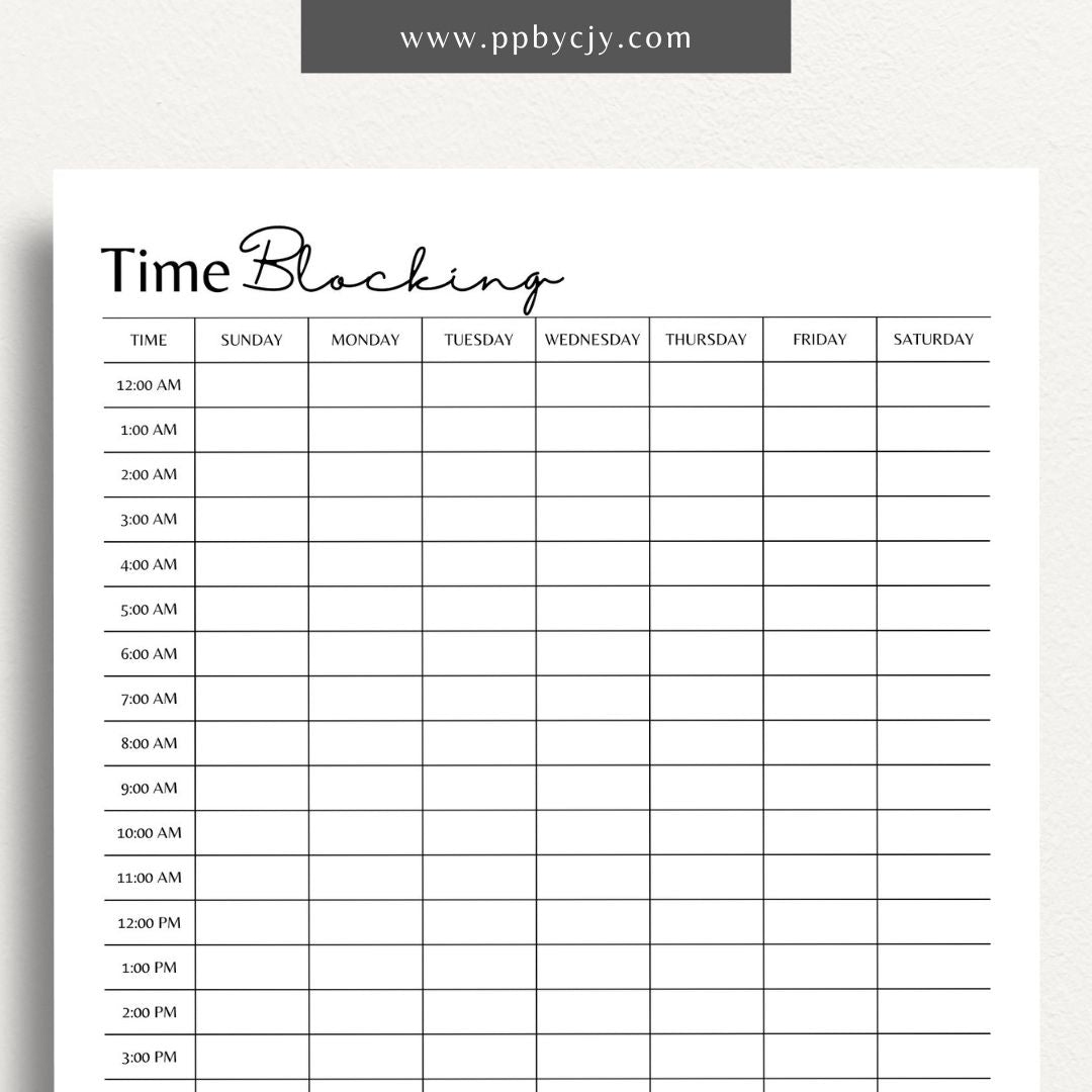 24 Hour Time Blocking Printable Template – Digital Download for Daily Time Management and Scheduling