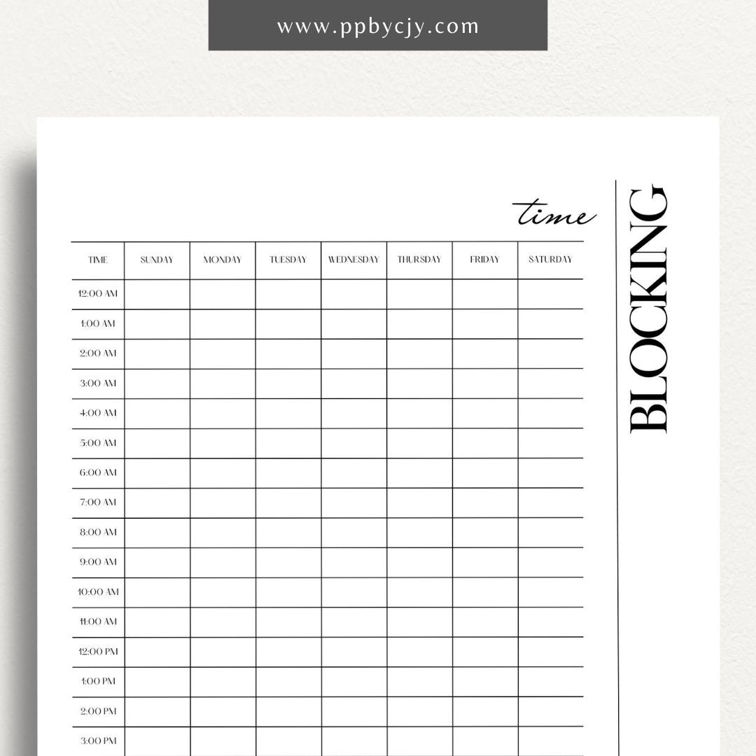 24 Hour Time Blocking Printable Template – Digital Download for Daily Time Management and Scheduling